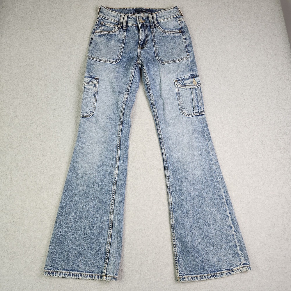 Aeropostale Flare Jeans Womens 00 Blue Mid Rise Cargo Utility Light Wash Y2K